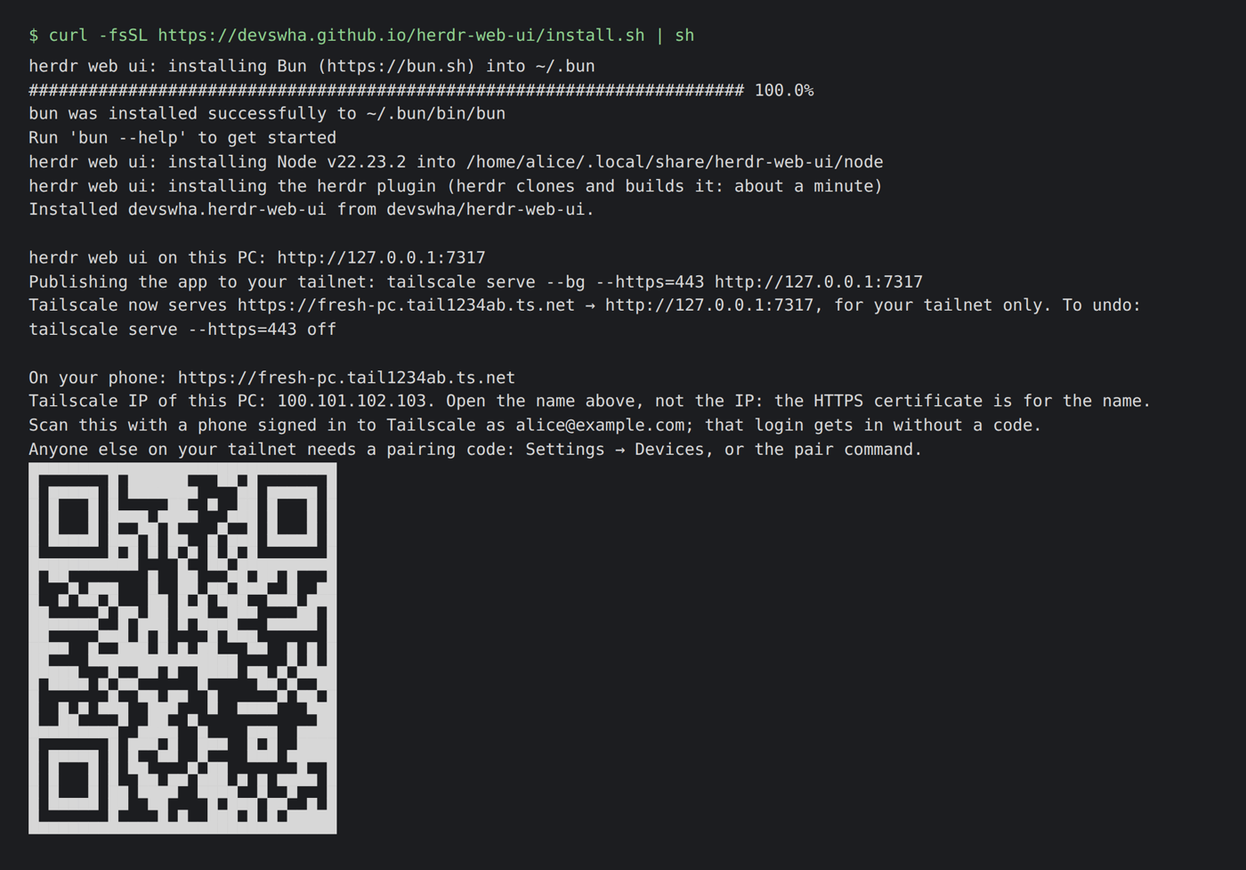 Installer output: Bun, Node and the herdr plugin install, then tailscale serve publishes the app and a QR code for the phone appears.