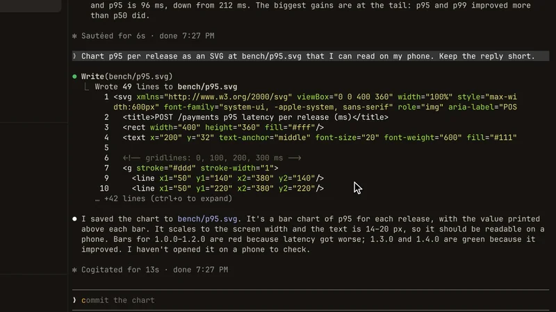 Live recording. In the browser's terminal, Claude Code has written bench/p95.svg; a click on the path opens the chart in the file viewer, and a tap on the same path in the phone's chat opens it full screen.