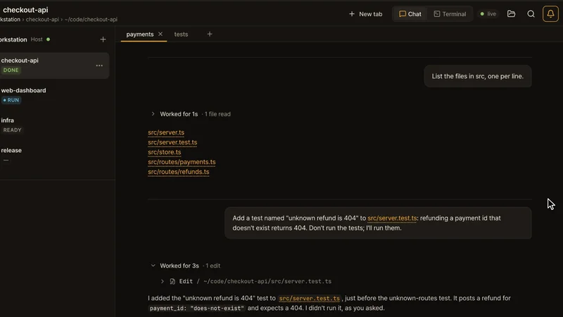 Live recording. The browser shows Claude Code's reply in Chat; a click on Terminal shows the same pane as Claude Code's own terminal, with its edit adding the test "unknown refund is 404" to src/server.test.ts. On the phone, in the tests tab's terminal, ↑ on the key bar brings back bun test and the input line's Enter button runs it: 5 pass, 0 fail.