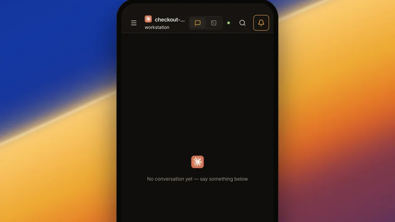 Live recording. On the phone, checkout-api's ⋯ menu → New worktree opens a form with the branch worktree/clear-forest-3580 already filled in; Claude Code is picked and Create worktree is tapped, and in the browser a new row appears nested under checkout-api, becomes Claude Code and shows READY.